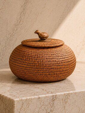 Rare Vintage Hand Woven Indonesian Basket With Carved Wood Bird Figurine